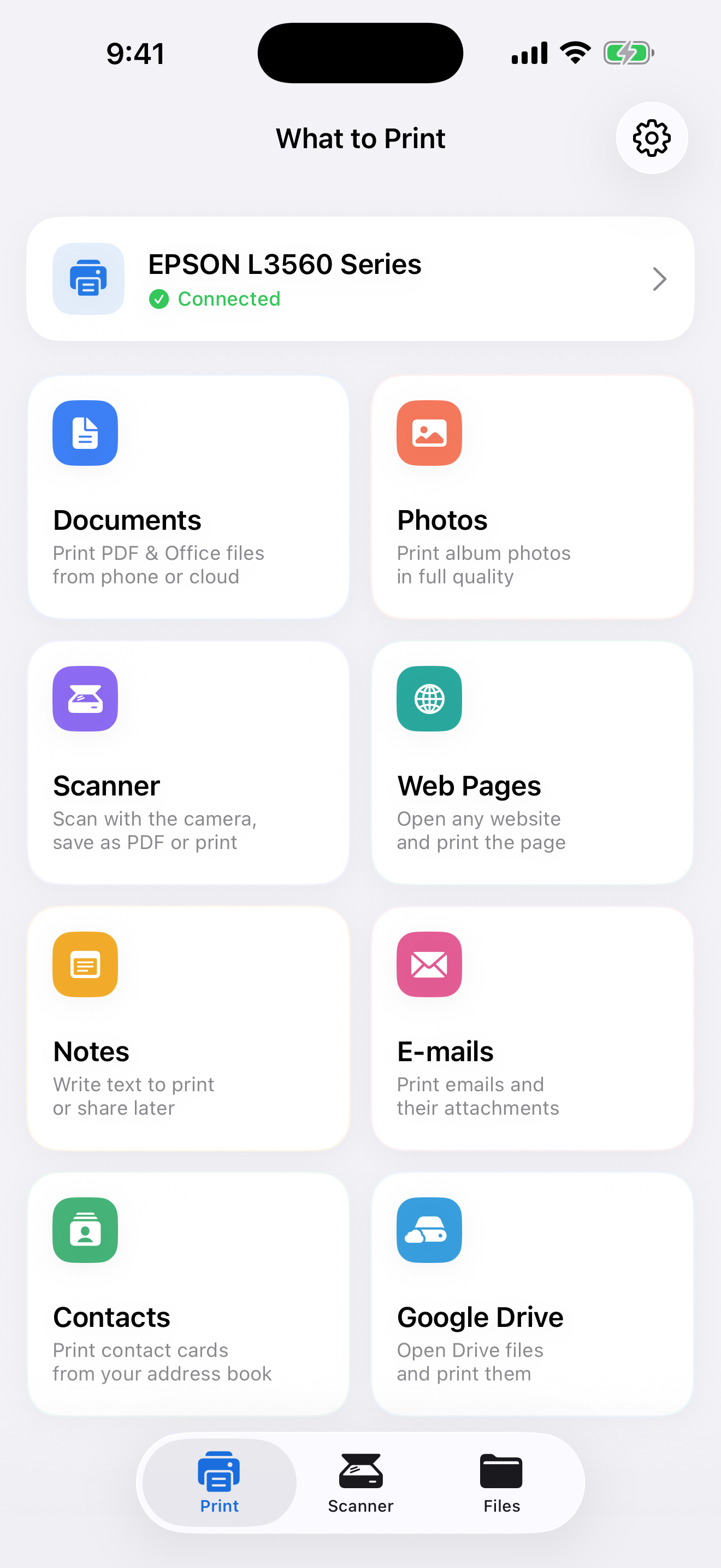 Smart Printer’s home screen. The pictured device is an example, not a compatibility guarantee.