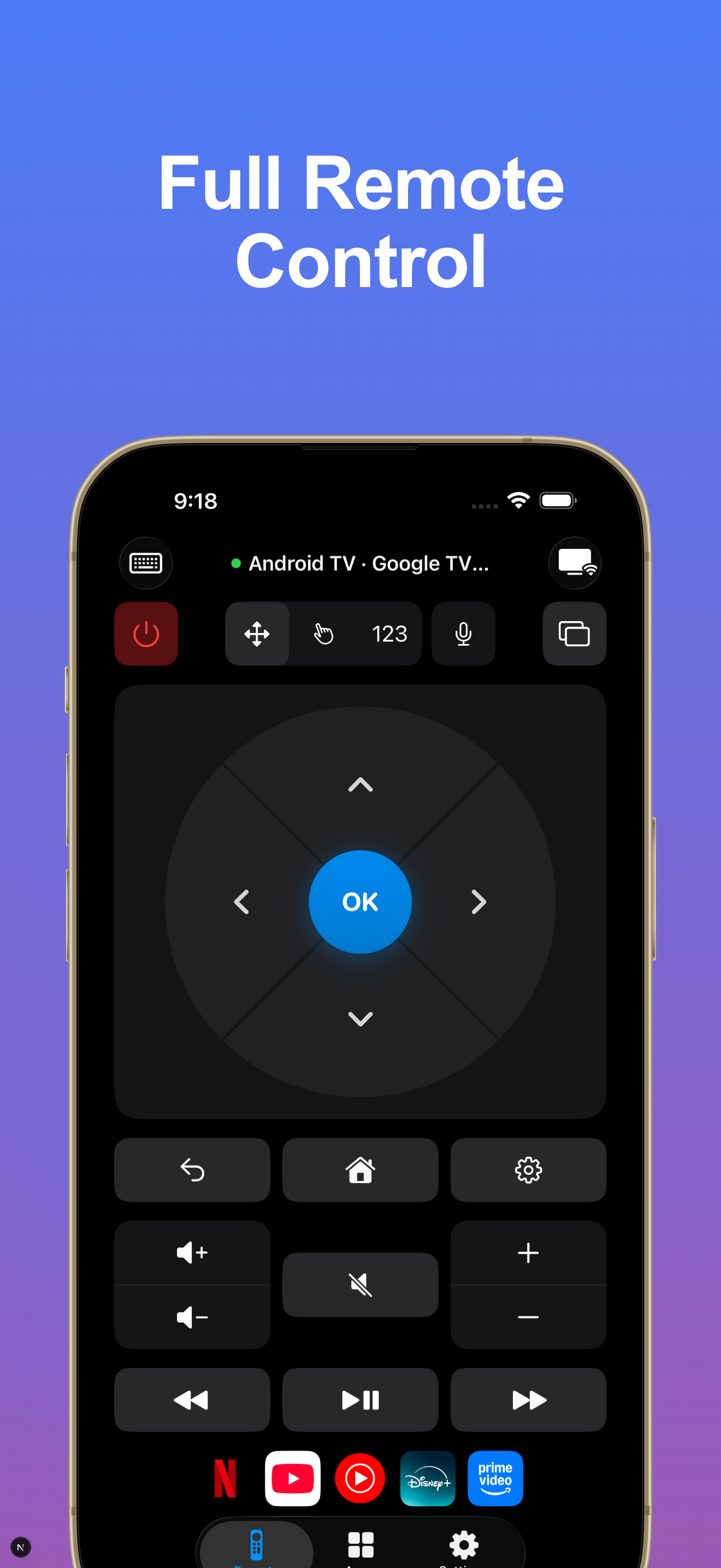 SpaceNode TV Remote: remote controls shown on an Android TV connection. Available controls vary by TV.